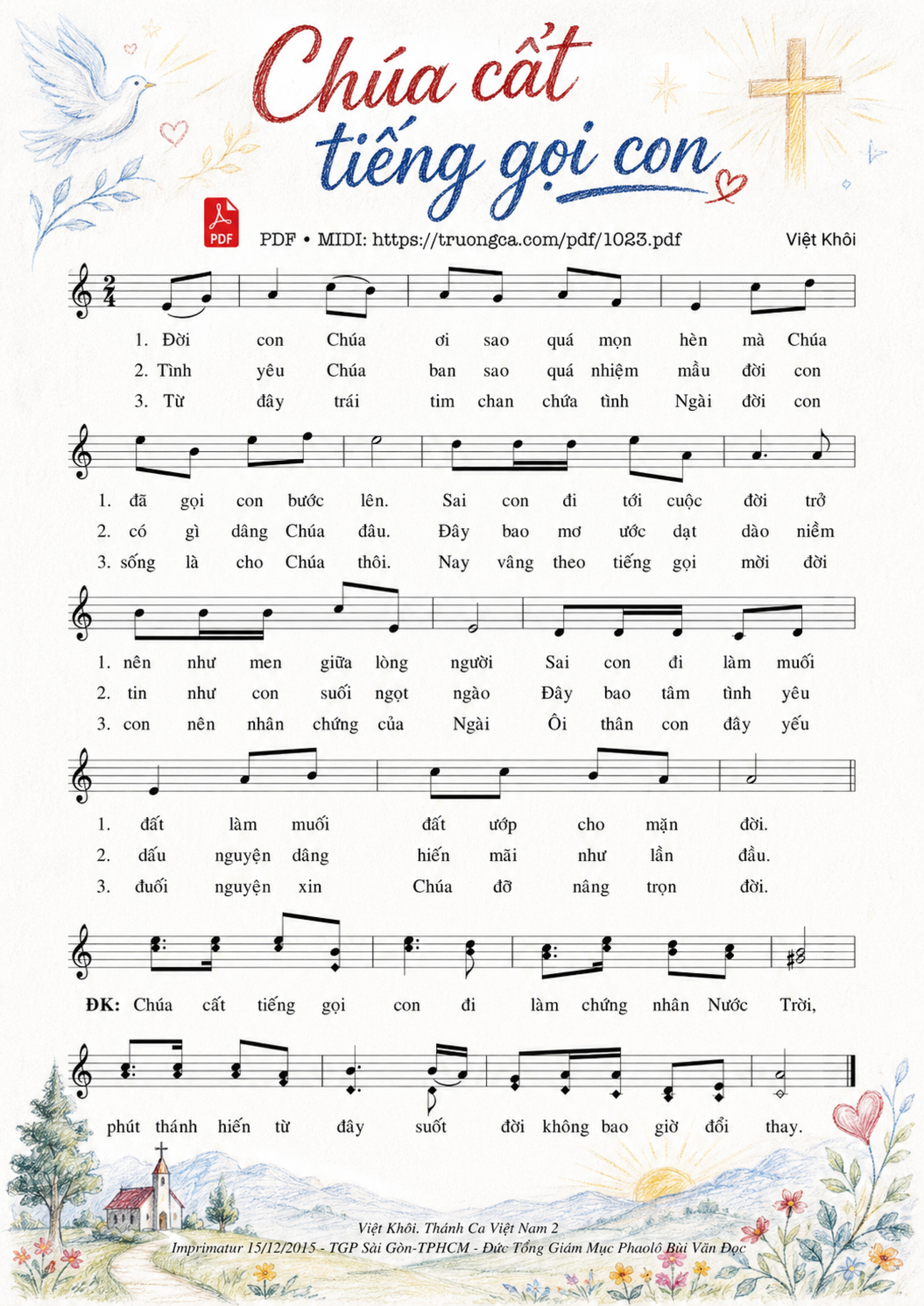 Trang 1 của Sheet nhạc PDF bài hát Chúa cất tiếng gọi con - Việt Khôi, Sheet có vẽ minh họa