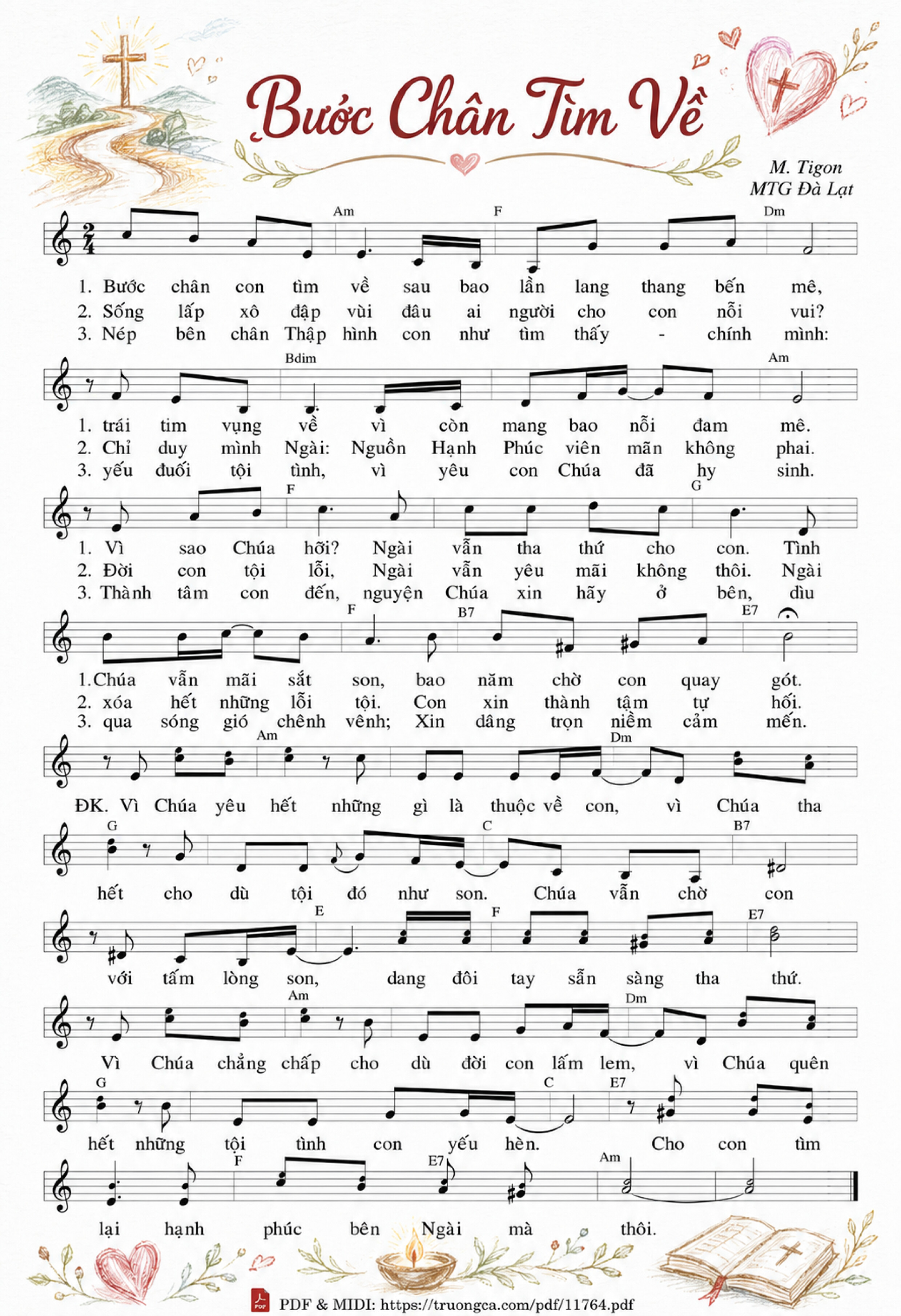 Trang 1 của Sheet nhạc PDF bài hát Bước Chân Tìm Về - M. Tigôn, Sheet có vẽ minh họa