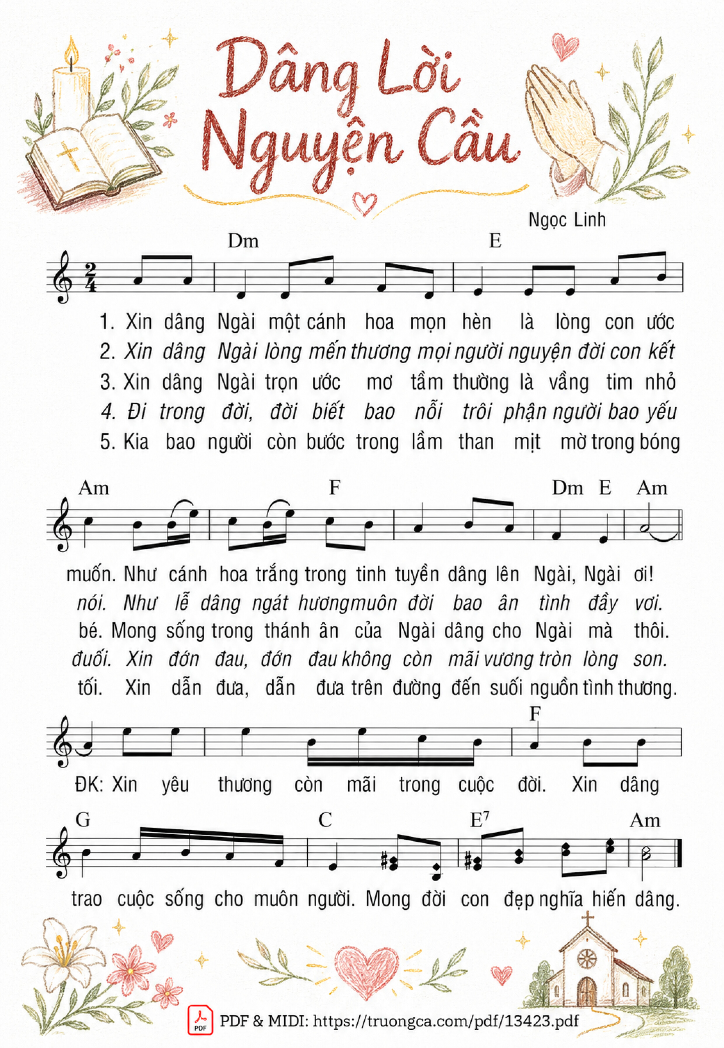 Xin dâng Ngài một cánh hoa mọn hèn là lòng con ước muốn như cánh hoa trắng trong tinh tuyền dâng lên, Trang 1, Sheet có vẽ minh họa