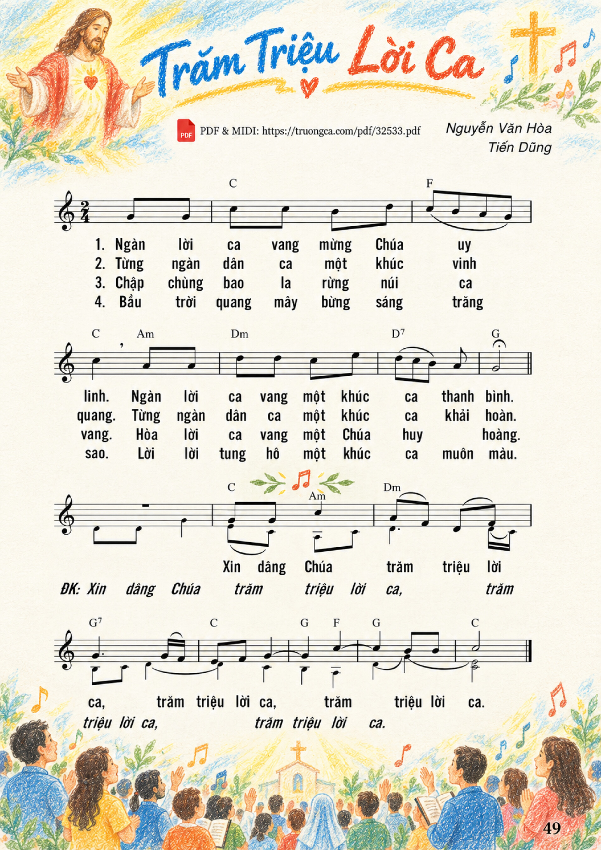Trang 1 của Sheet nhạc PDF bài hát Trăm Triệu Lời Ca - Nguyễn Văn Hòa, Sheet có vẽ minh họa
