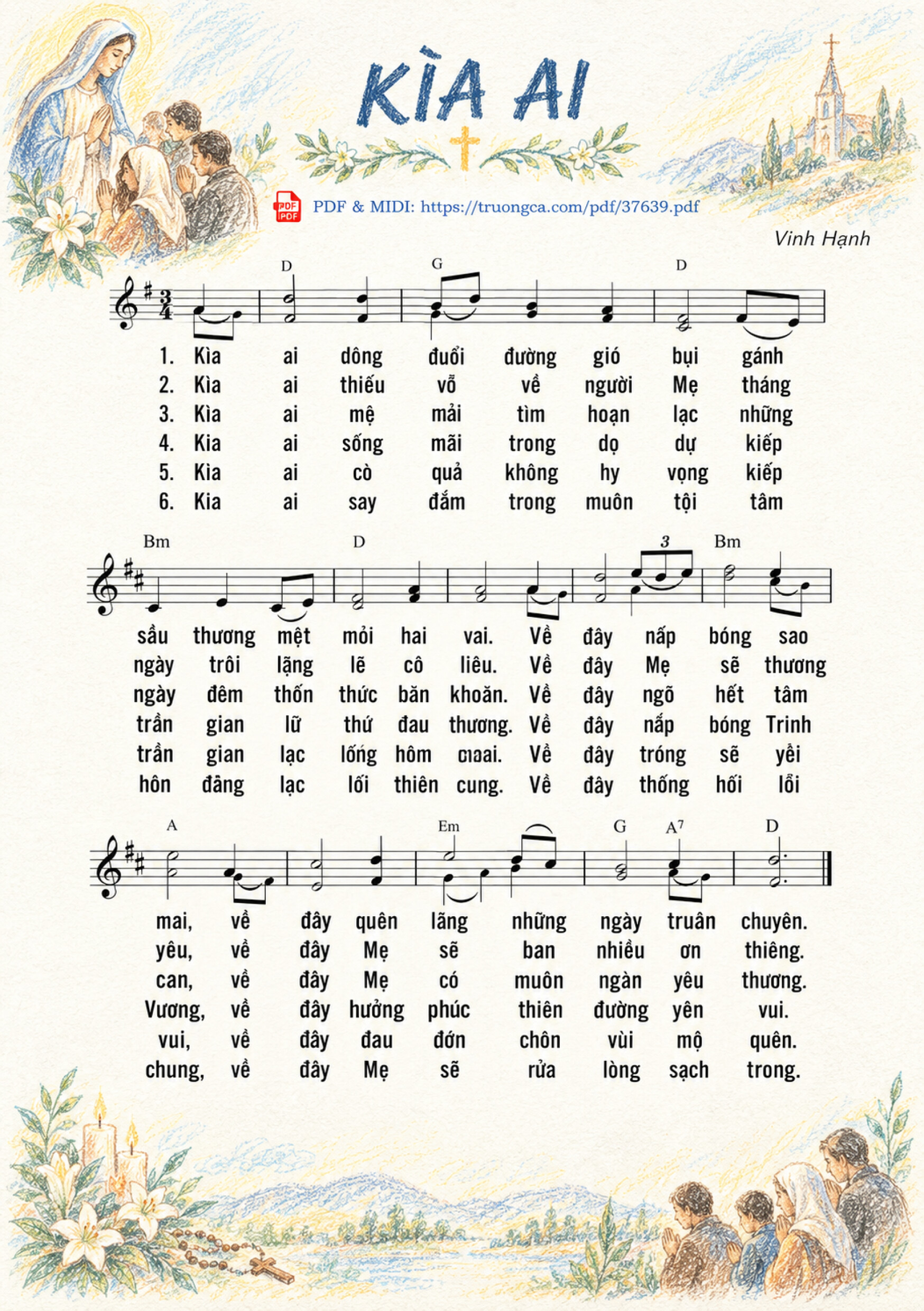 Trang 1 của Sheet nhạc PDF bài hát Kìa Ai - Vinh Hạnh, Sheet có vẽ minh họa