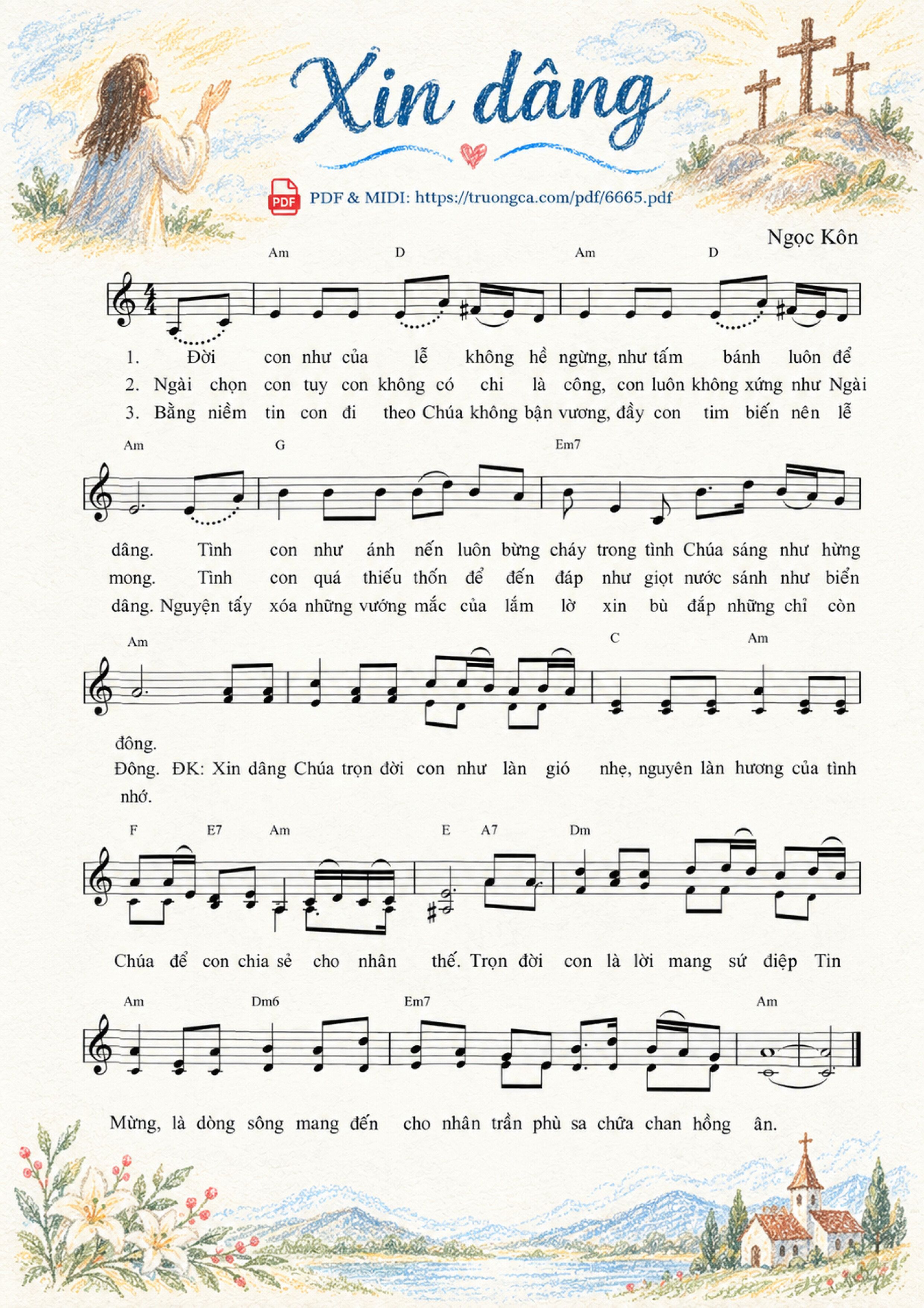 Trang 1 của Sheet nhạc PDF bài hát Xin dâng - Ngọc Kôn, Sheet có vẽ minh họa