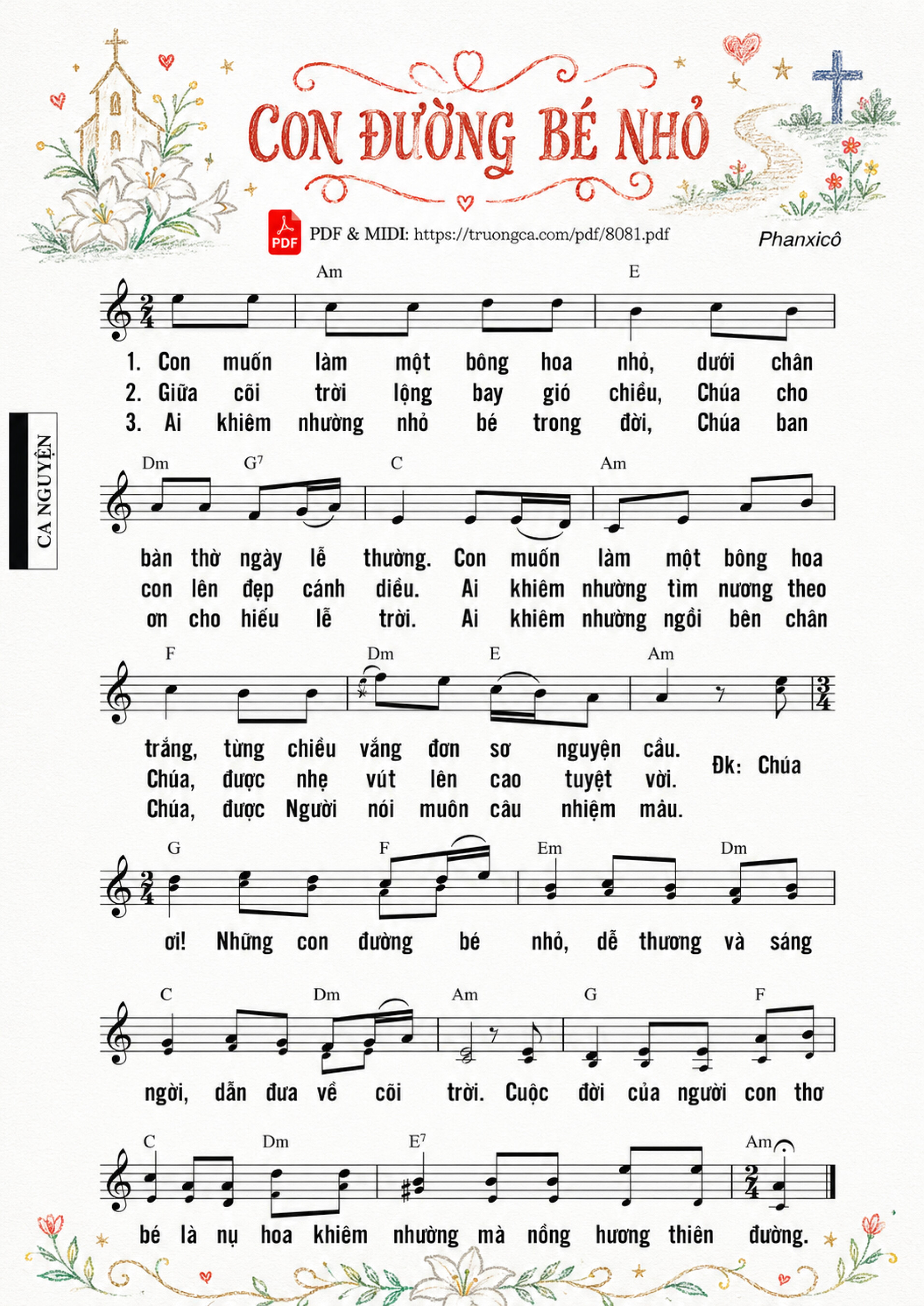 Trang 1 của Sheet nhạc PDF bài hát Con đường Bé Nhỏ - Phanxicô, Sheet có vẽ minh họa