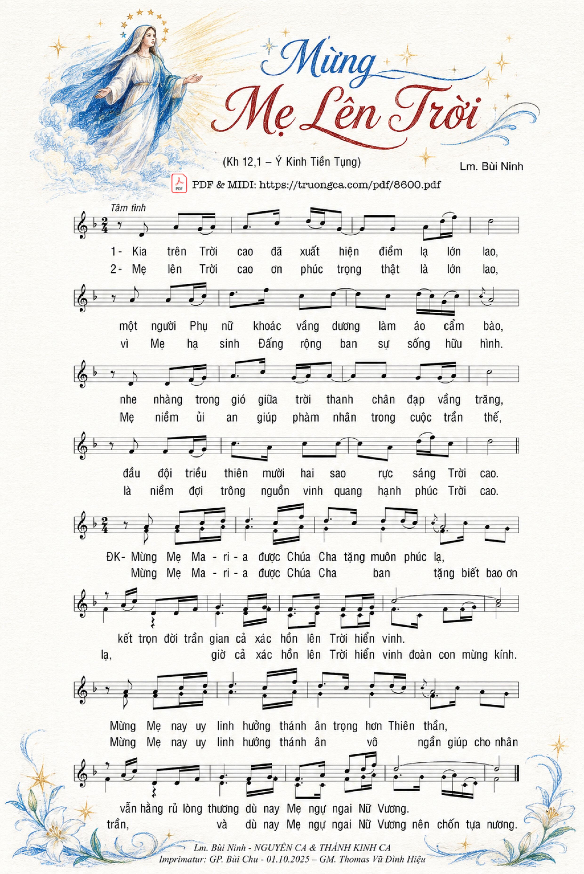 Trang 1 của Sheet nhạc PDF bài hát Mừng Mẹ Lên Trời - Bùi Ninh, Sheet có vẽ minh họa
