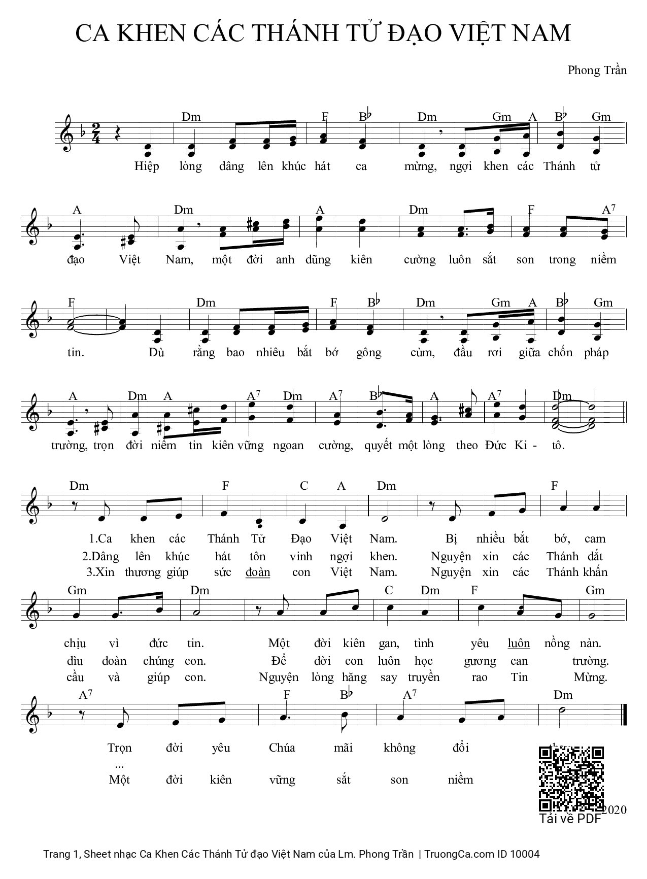 Sheet nhạc PDF bài Ca Khen Các Thánh Tử đạo Việt Nam