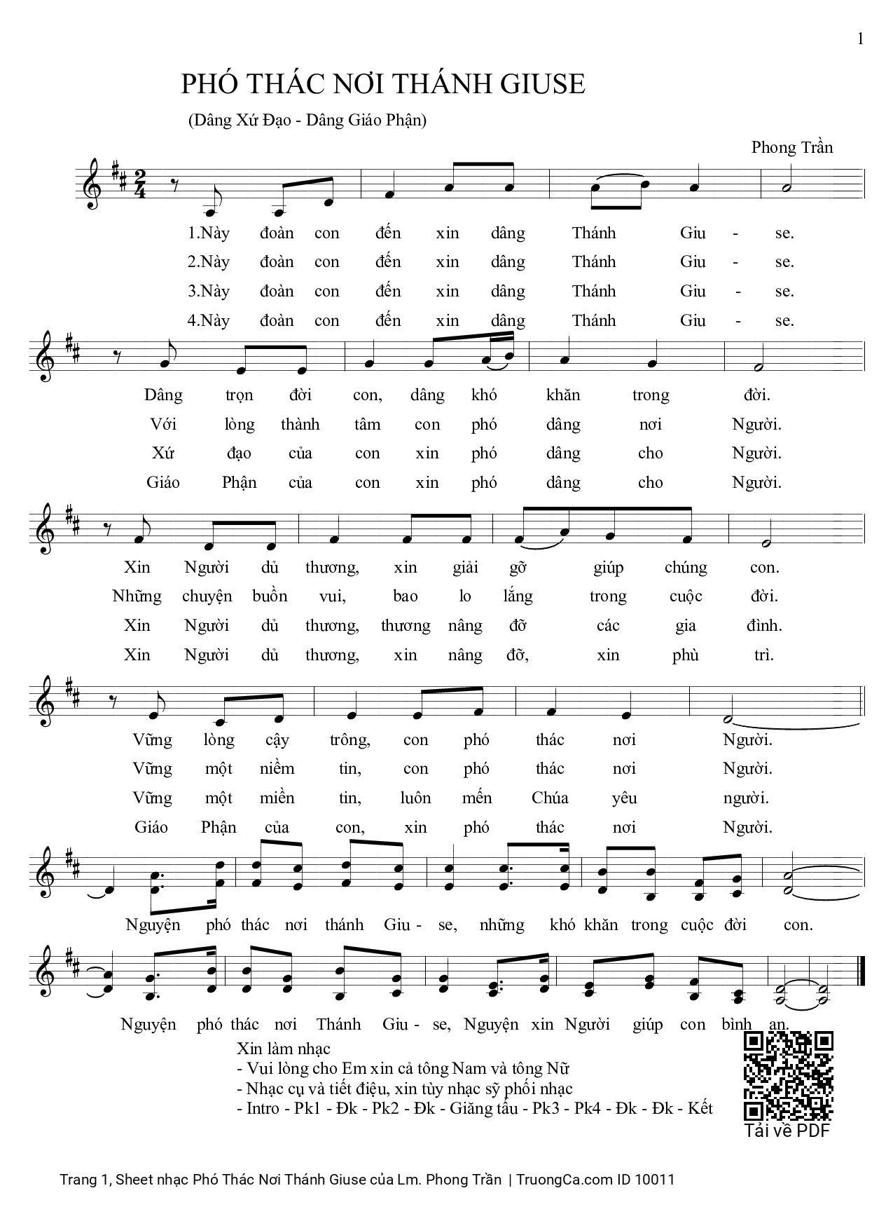 Sheet nhạc PDF bài Phó Thác Nơi Thánh Giuse