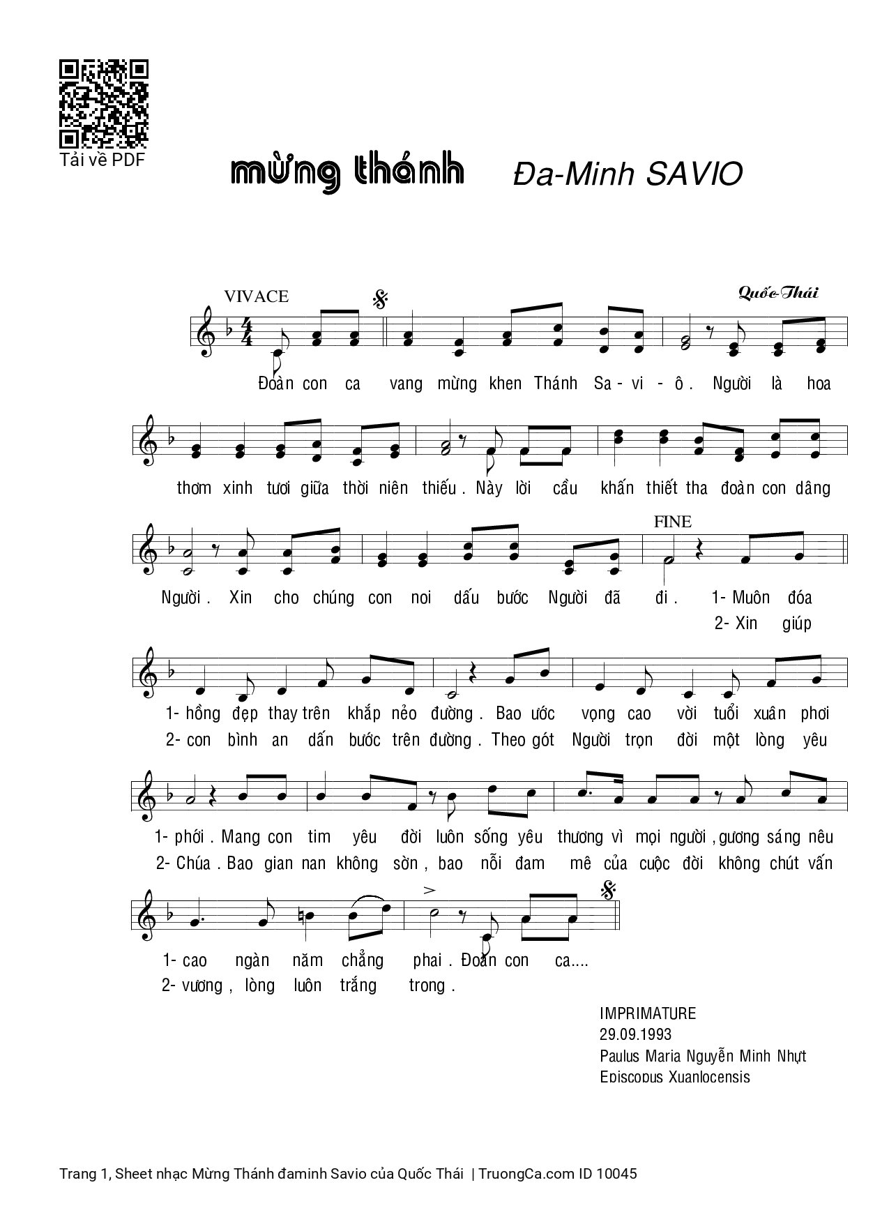 Sheet nhạc Mừng Thánh đaminh Savio