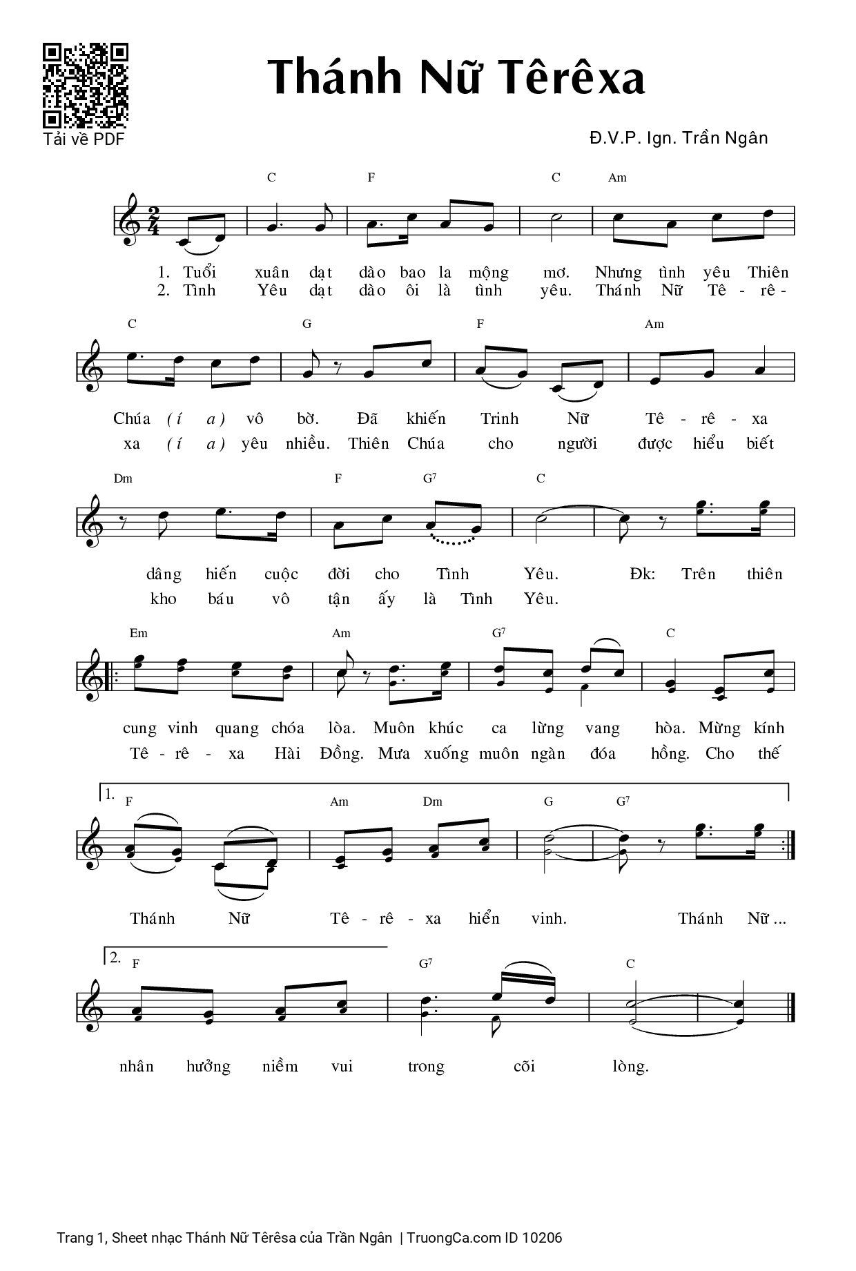 Trang 1 của Sheet nhạc PDF bài hát Thánh Nữ Têrêsa - Trần Ngân