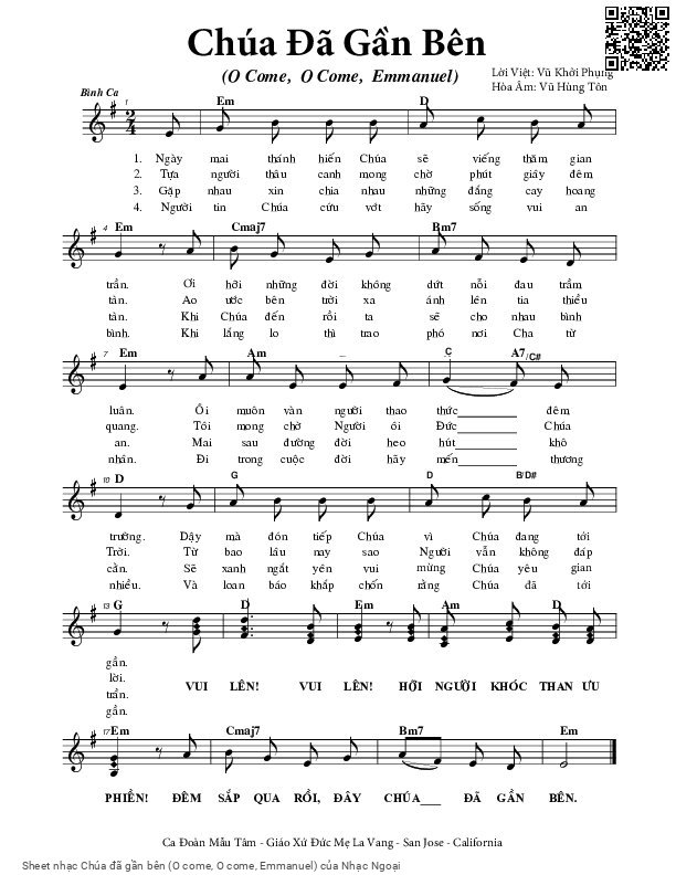 Trang 1 của Sheet nhạc PDF bài hát Chúa đã gần bên (O come, O come, Emmanuel) - Nhạc Ngoại, 1. Ngày  mai thánh hiến Chúa  sẽ viếng  thăm gian  trần,. ơi  hỡi những người không  dứt nỗi đau trầm  luân