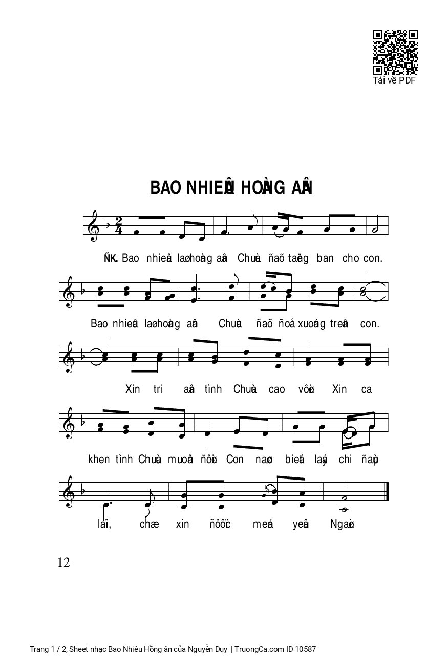 Sheet nhạc Bao Nhiêu Hồng ân