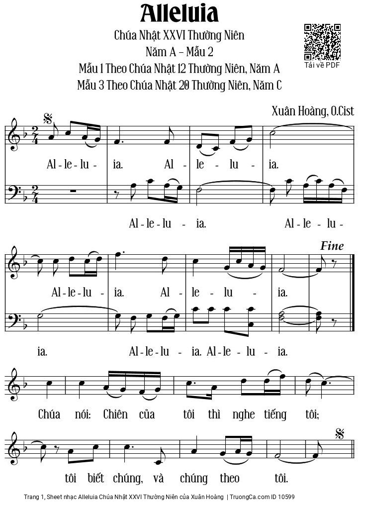 Trang 1 của Sheet nhạc PDF bài hát Alleluia Chúa Nhật XXVI Thường Niên - Xuân Hoàng