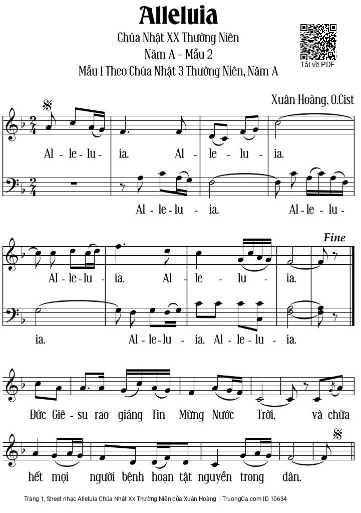 Sheet nhạc Alleluia Chúa Nhật Xx Thường Niên