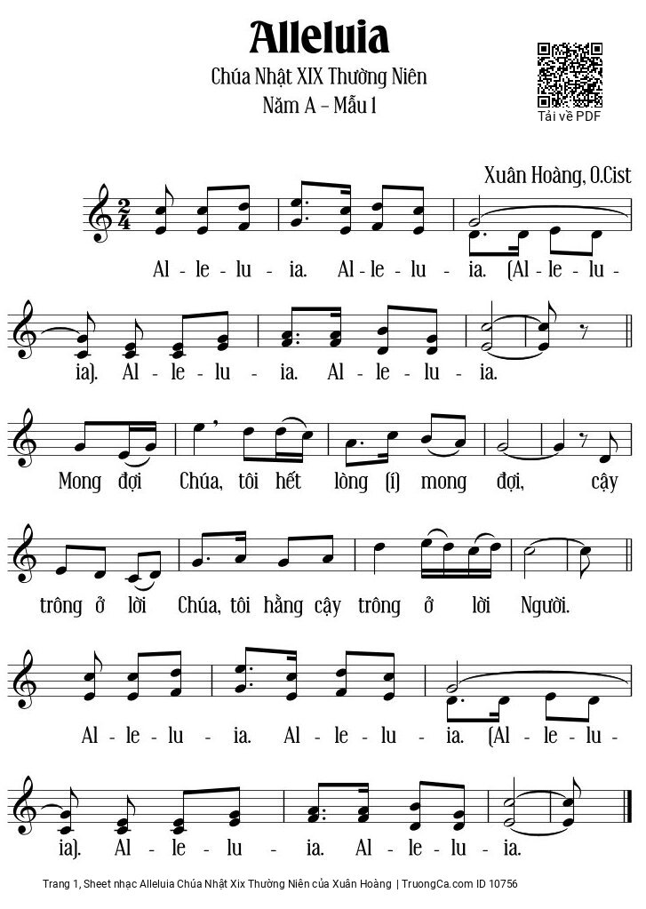 Trang 1 của Sheet nhạc PDF bài hát Alleluia Chúa Nhật XIX Thường Niên - Xuân Hoàng