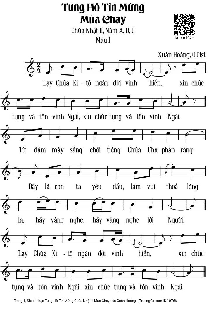 Sheet nhạc Tung Hô Tin Mừng Chúa Nhật Ii Mùa Chay