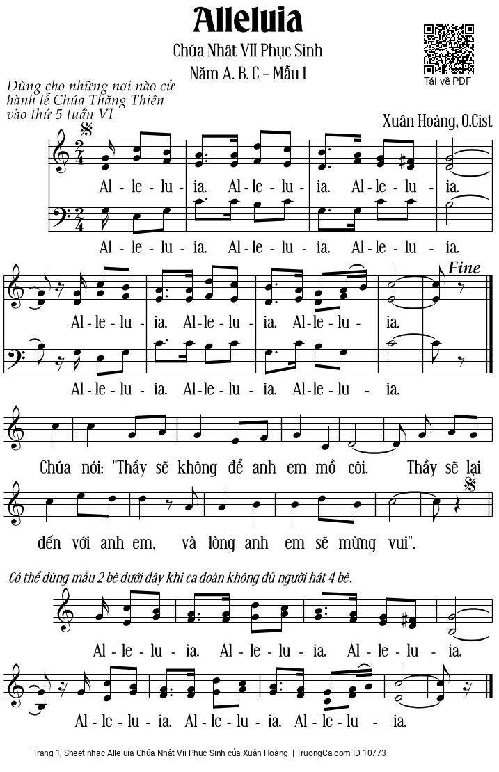 Sheet nhạc Alleluia Chúa Nhật Vii Phục Sinh