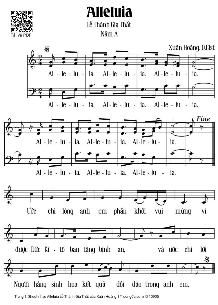 Sheet nhạc Alleluia Lễ Thánh Gia Thất