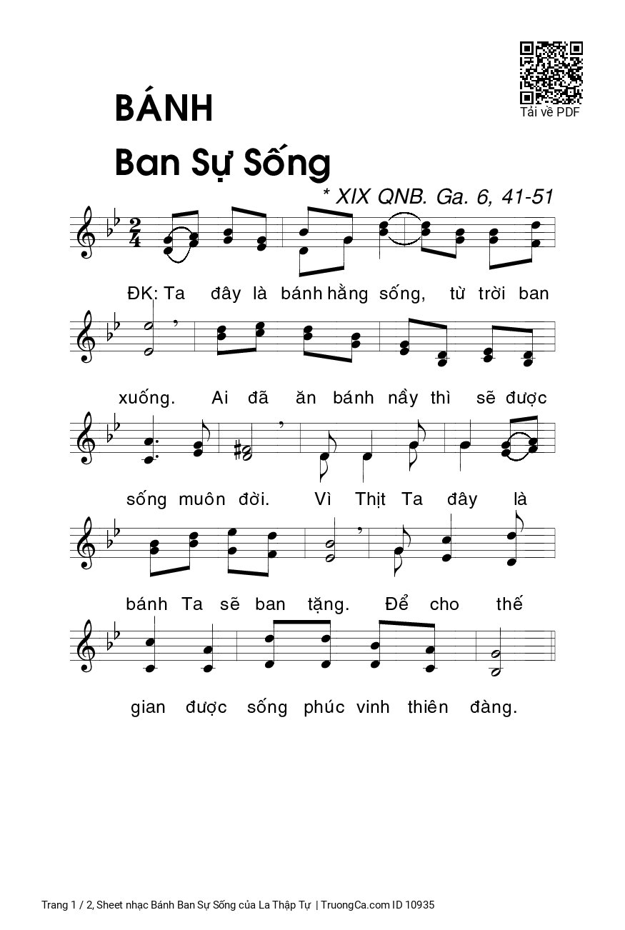 Sheet nhạc Bánh Ban Sự Sống