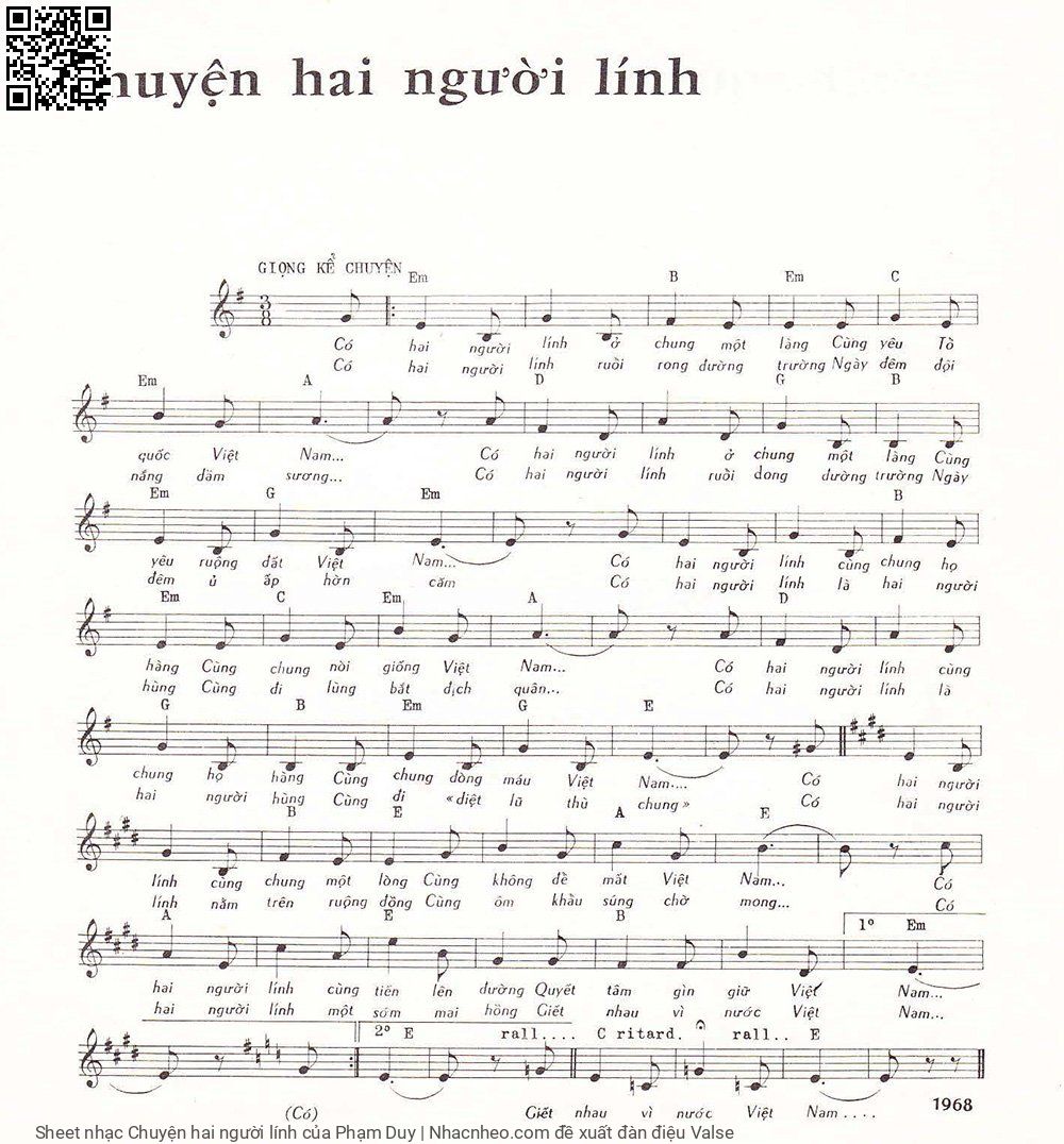 Trang 1 của Sheet nhạc PDF bài hát Chuyện hai người lính - Phạm Duy, Có  hai người lính ở  chung một  làng. Cùng  yêu Tổ  Quốc Việt  Nam Có  hai người lính ở  chung một  làng