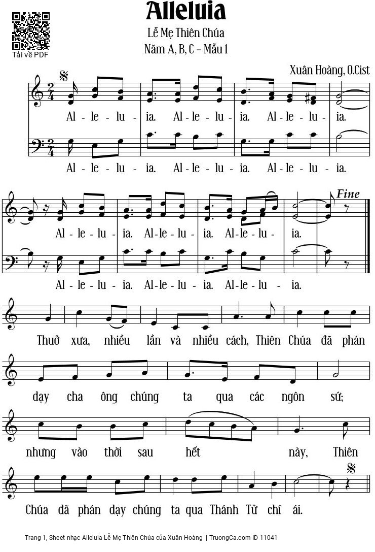 Sheet nhạc Alleluia Lễ Mẹ Thiên Chúa