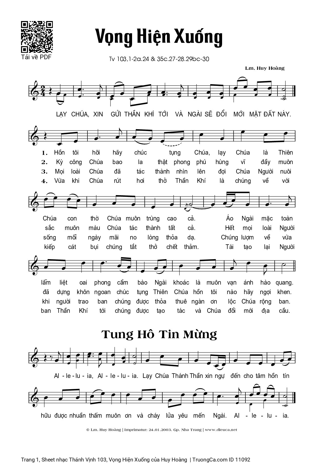 Trang 1 của Sheet nhạc PDF bài hát Thánh Vịnh 103, Vọng Hiện Xuống - Huy Hoàng