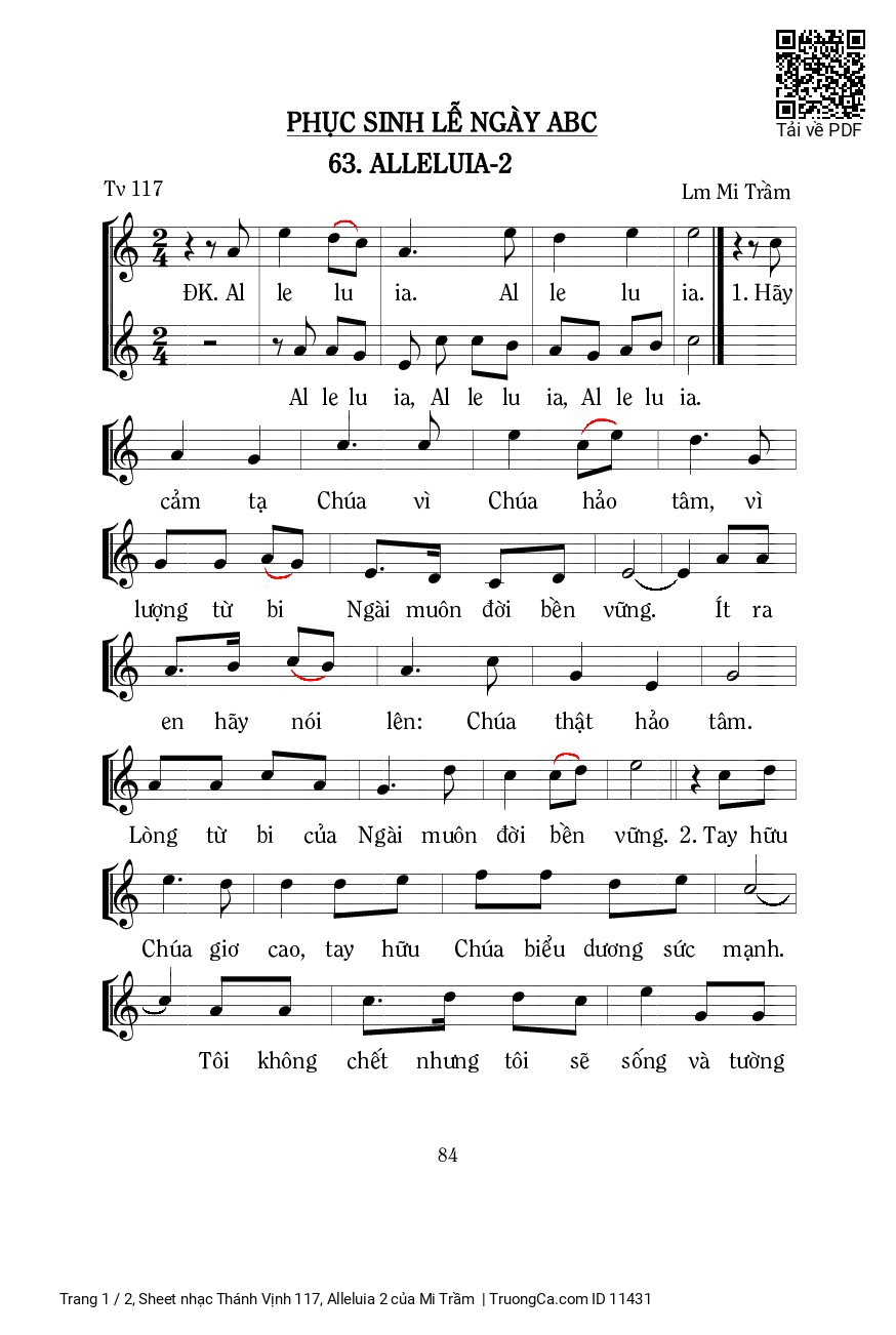 Sheet nhạc Thánh Vịnh 117, Alleluia 2