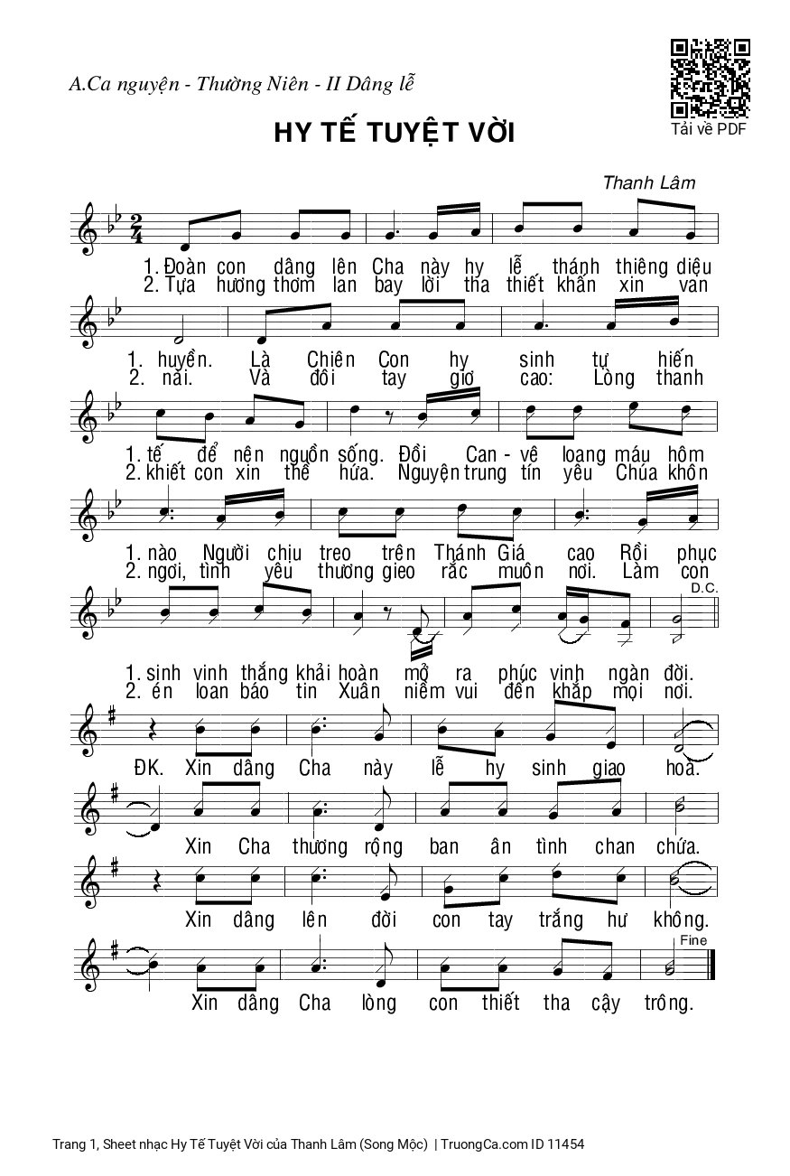 Trang 1 của Sheet nhạc PDF bài hát Hy Tế Tuyệt Vời - Thanh Lâm (Song Mộc)