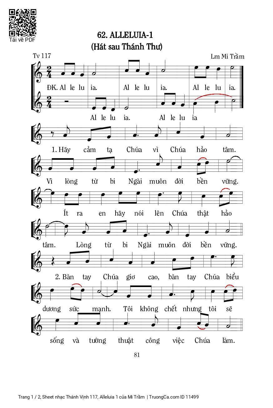 Sheet nhạc Thánh Vịnh 117, Alleluia 1