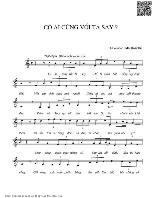 Trang 1 của Sheet nhạc PDF bài hát Có ai cùng với ta say - Mai Hoài Thu, Có  ai cùng với ta say. Để ta quên  bớt đắng cay cuộc  đời? Mời em chén rượu tình  người