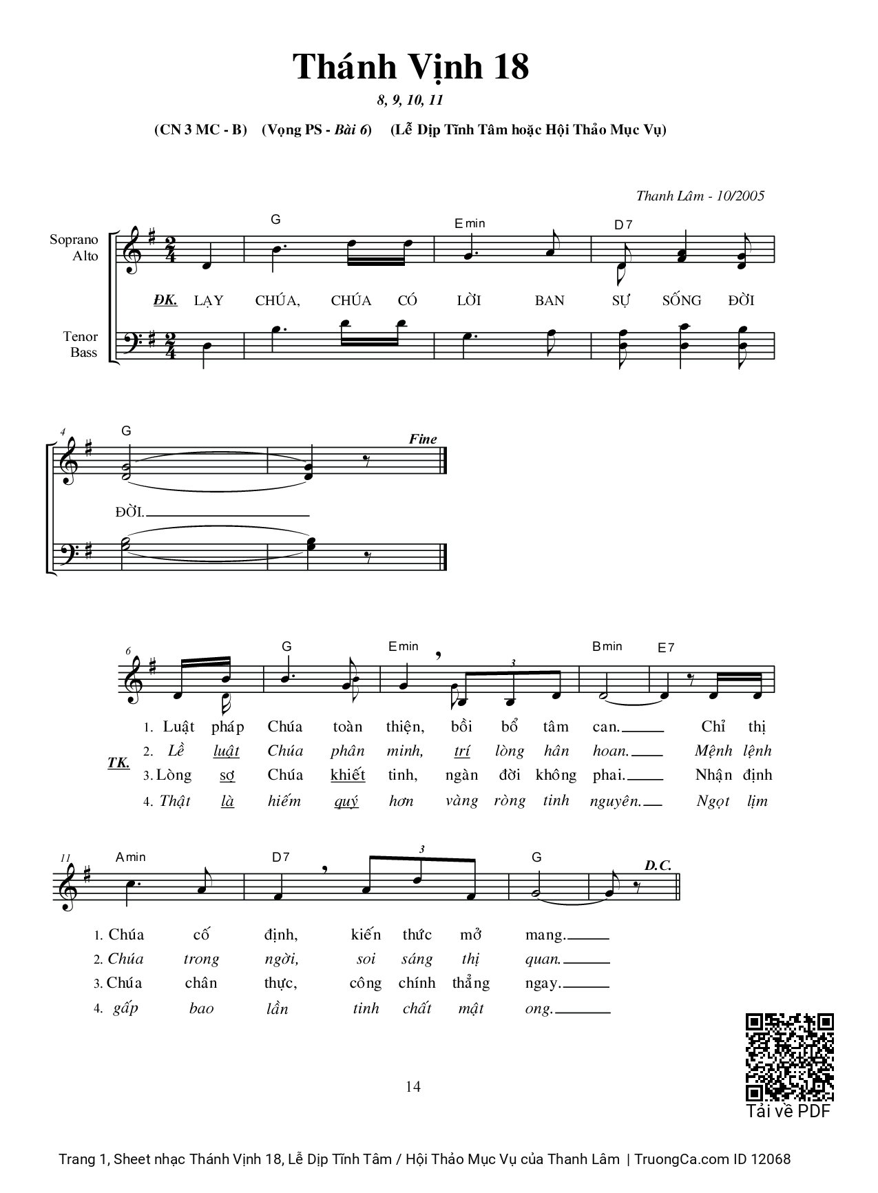 Trang 1 của Sheet nhạc PDF bài hát Thánh Vịnh 18, Lễ Dịp Tĩnh Tâm / Hội Thảo Mục Vụ - Thanh Lâm