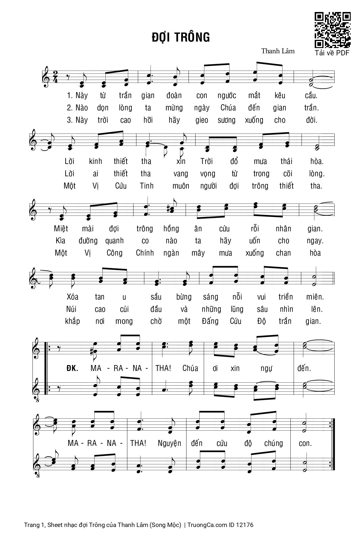 Trang 1 của Sheet nhạc PDF bài hát đợi Trông - Thanh Lâm (Song Mộc)