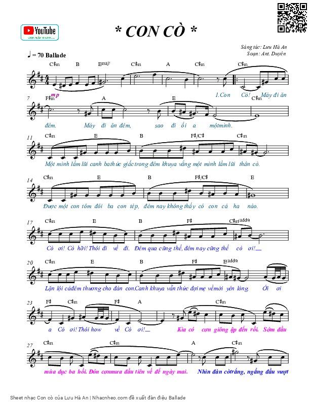 Trang 1 của Sheet nhạc PDF bài hát Con cò - Lưu Hà An, Con cò, mày đi ăn  đêm. Mày  đi ăn đêm, sao  đi một mình Một mình lầm lũi  canh ba thức giấc