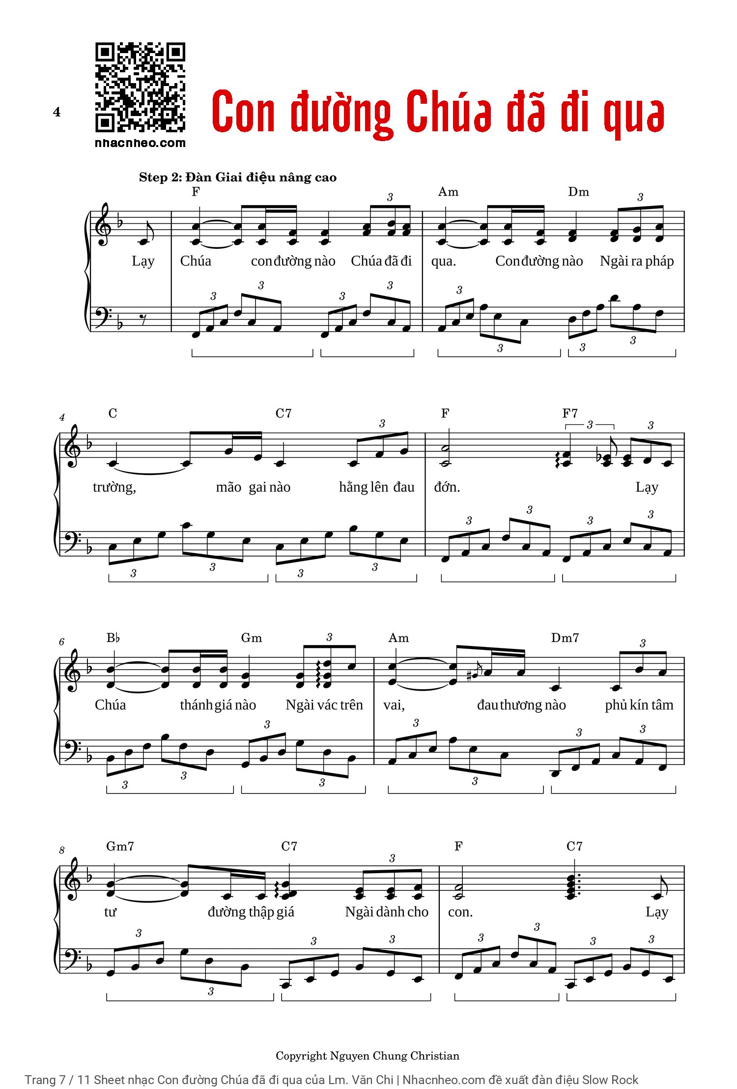 Trang 7 của Sheet nhạc PDF Piano bài hát Con đường Chúa đã đi qua - Lm. Văn Chi, Gồm 3 sheet Piano SOLO kèm intro  trình độ Cơ bản & Nâng cao, 1 sheet đệm hát PIANO và 1 Sheet nốt nhạc...