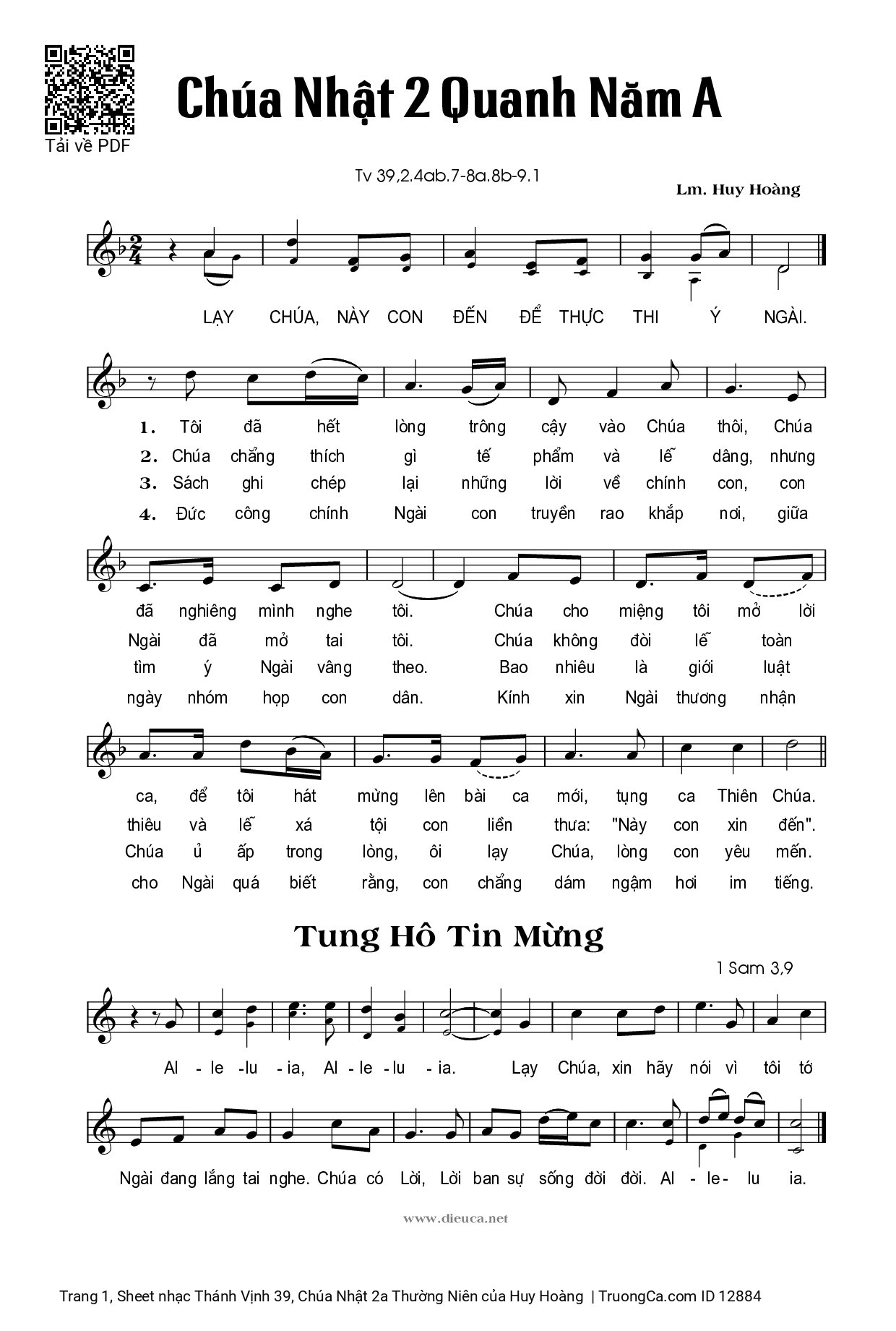 Trang 1 của Sheet nhạc PDF bài hát Thánh Vịnh 39, Chúa Nhật 2a Thường Niên - Huy Hoàng