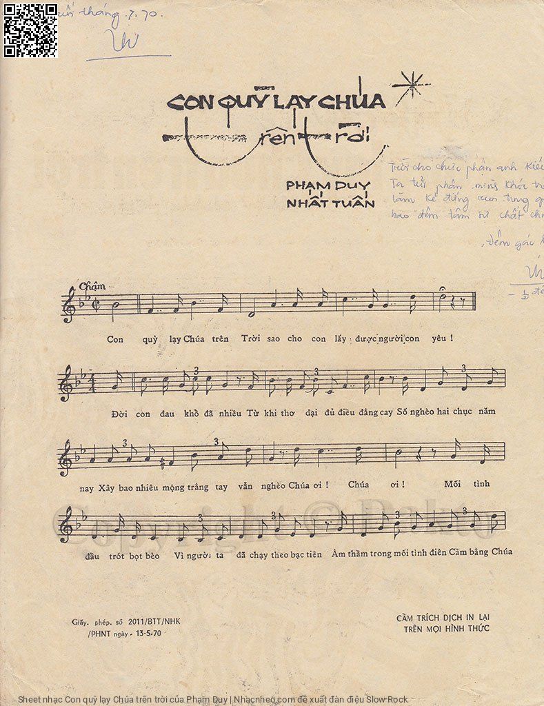 Trang 1 của Sheet nhạc PDF bài hát Con quỳ lạy Chúa trên trời - Phạm Duy, Con  quỳ lạy Chúa trên  trời. Sao cho con lấy được  người con thương Đời  con đau khổ đã nhiều