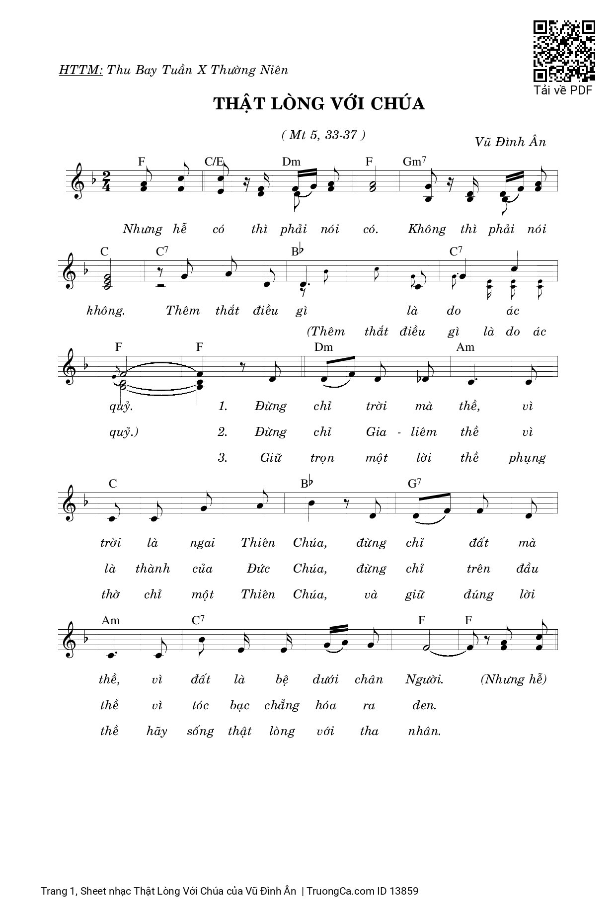 Trang 1 của Sheet nhạc PDF bài hát Thật Lòng Với Chúa - Vũ Đình Ân