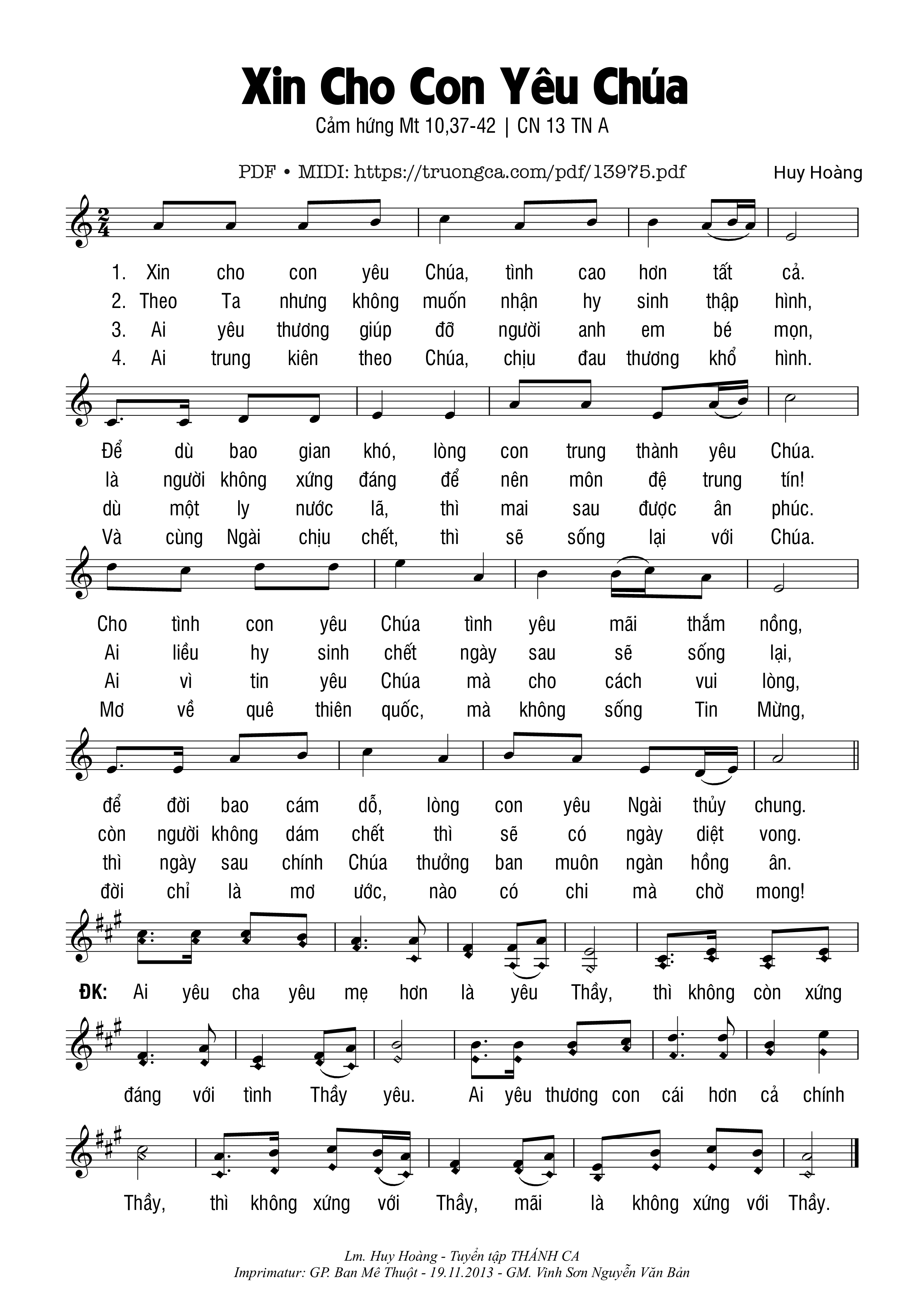 Sheet nhạc Xin Cho Con Yêu Chúa - Huy Hoàng