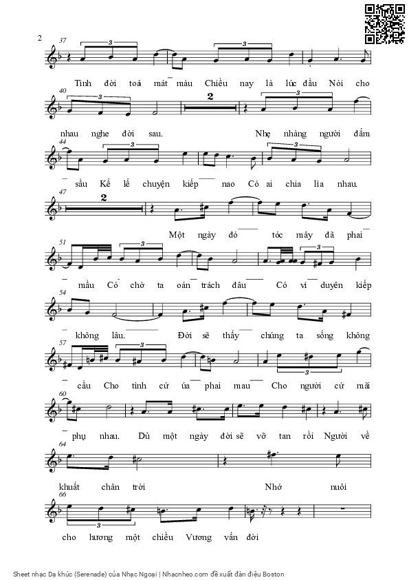 Trang 2 của Sheet nhạc PDF bài hát Dạ khúc (Serenade) - Nhạc Ngoại, Chiều buồn nhẹ xuống đời. Người tình tìm đến người Thấy run run trong  chiều phai