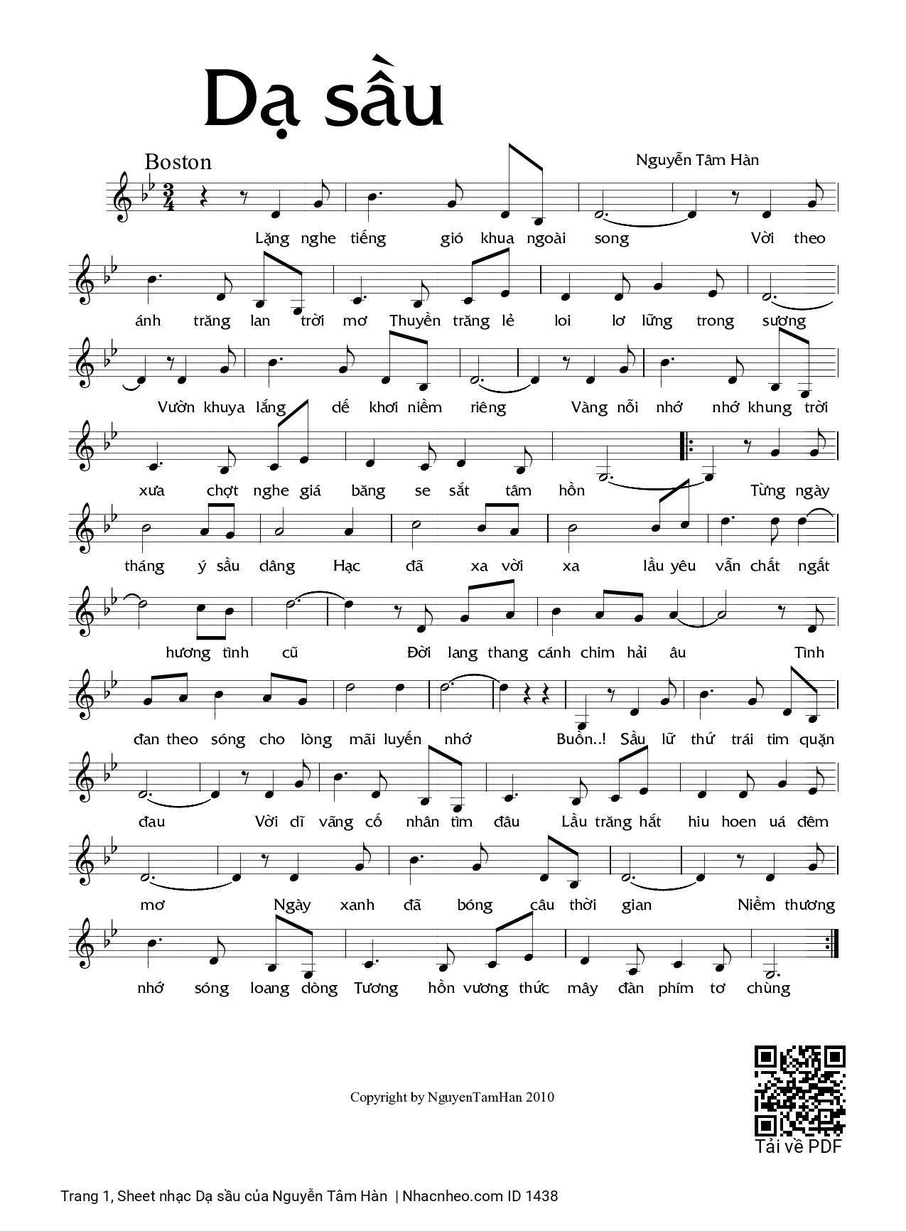 Trang 1 của Sheet nhạc PDF bài hát Dạ sầu - Nguyễn Tâm Hàn, 1. Lặng nghe  tiếng gió khua ngoài song