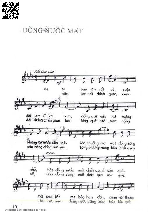 Trang 1 của Sheet nhạc PDF bài hát Dòng nước mát - Hồ Bắc, Mẹ  ta bao năm vất vả, cuộc  đời lam lũ khi xưa. Làng quê xác  xơ, mạ  non thiếu nước cằn  khô