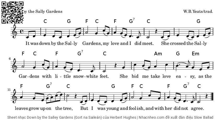 Trang 1 của Sheet nhạc PDF bài hát Down by the Salley Gardens (Gort na Saileán) - Herbert Hughes, Down  by the  Sally  Gar  dens, my  love and  I did  meet. She passed the  Sally  ] Gar  dens with  little  snowwhite  feet