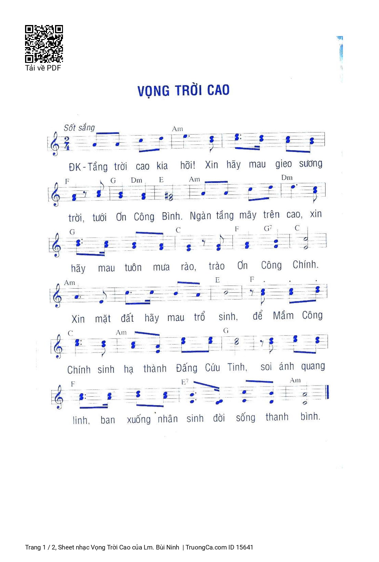 Trang 1 của Sheet nhạc PDF bài hát Vọng Trời Cao - Lm. Bùi Ninh