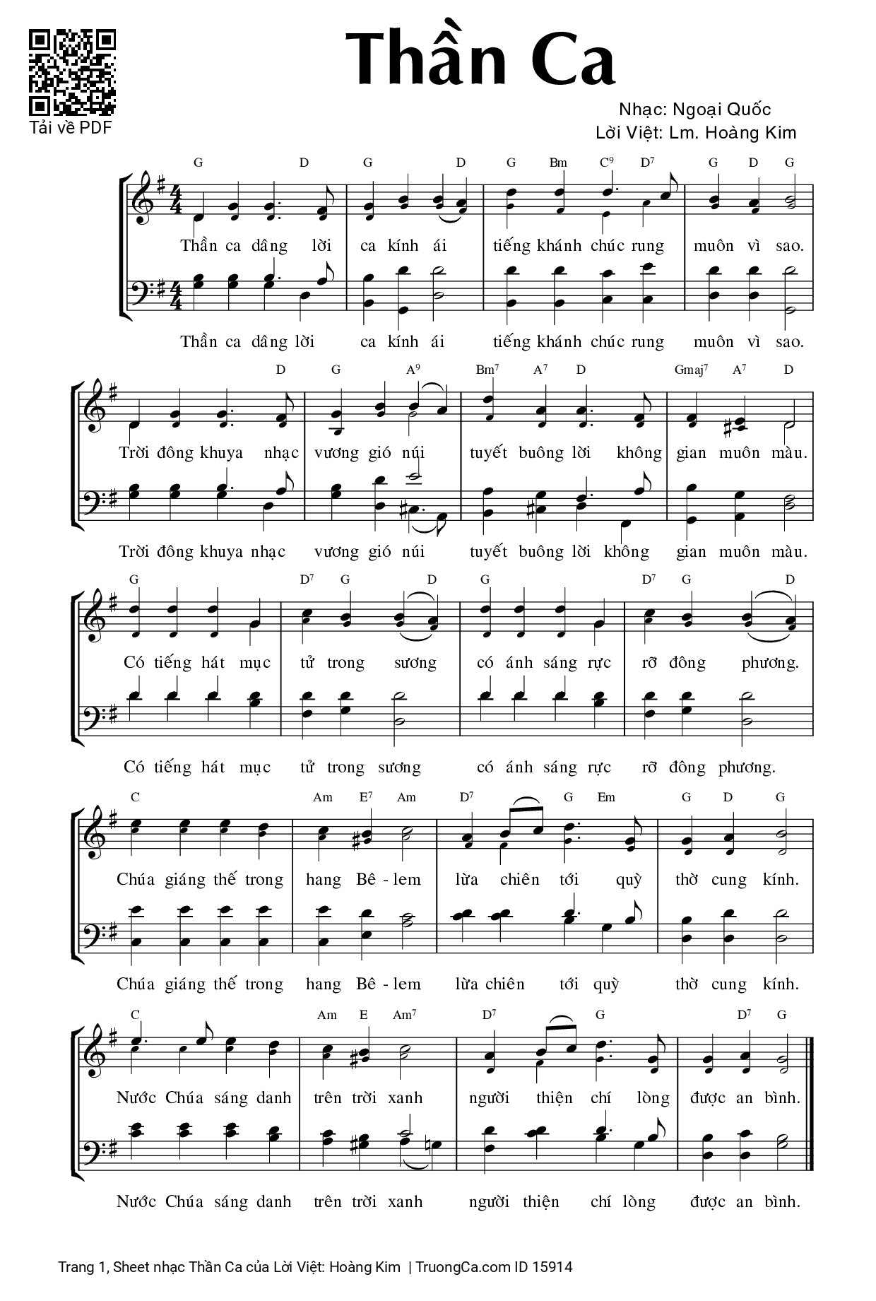 Trang 1 của Sheet nhạc PDF bài hát Thần Ca - Lời Việt: Hoàng Kim