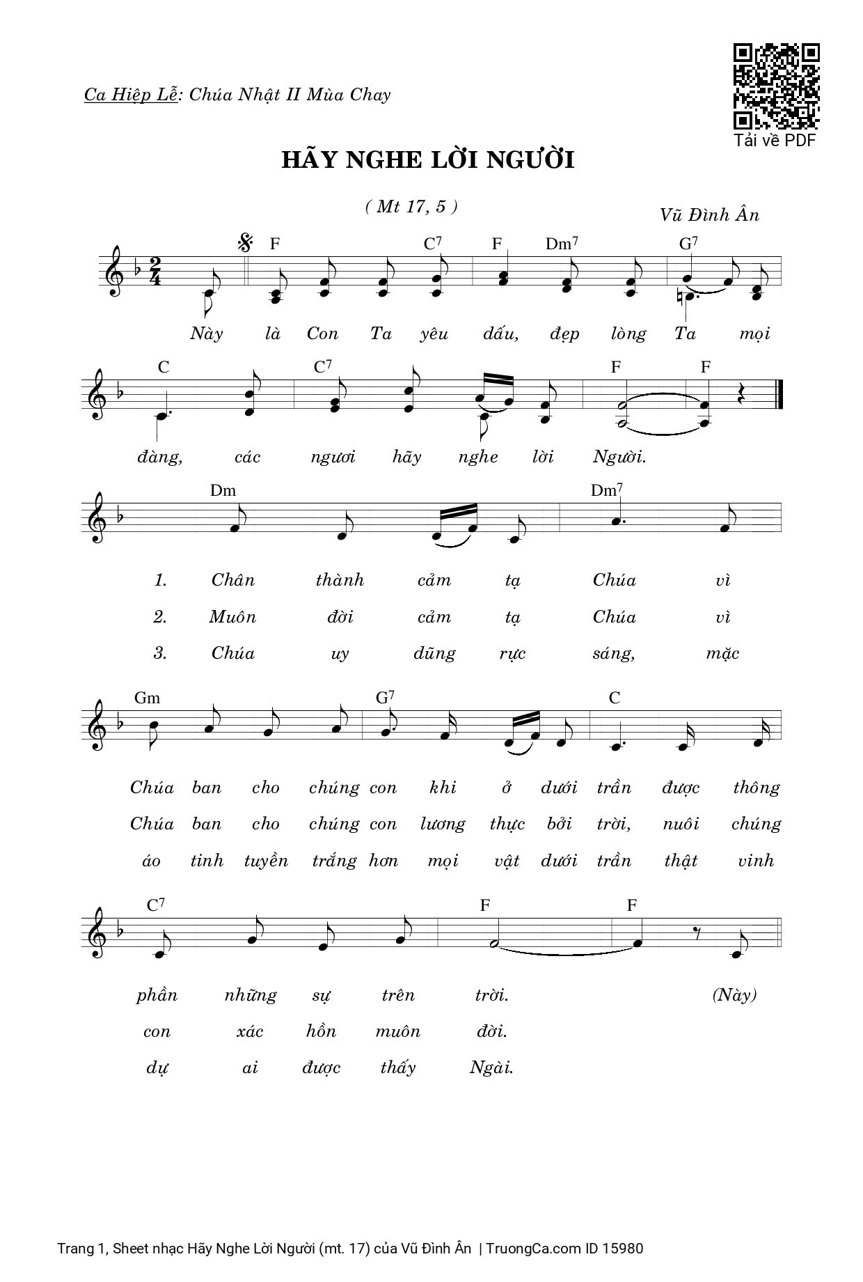 Trang 1 của Sheet nhạc PDF bài hát Hãy Nghe Lời Người (mt. 17) - Vũ Đình Ân