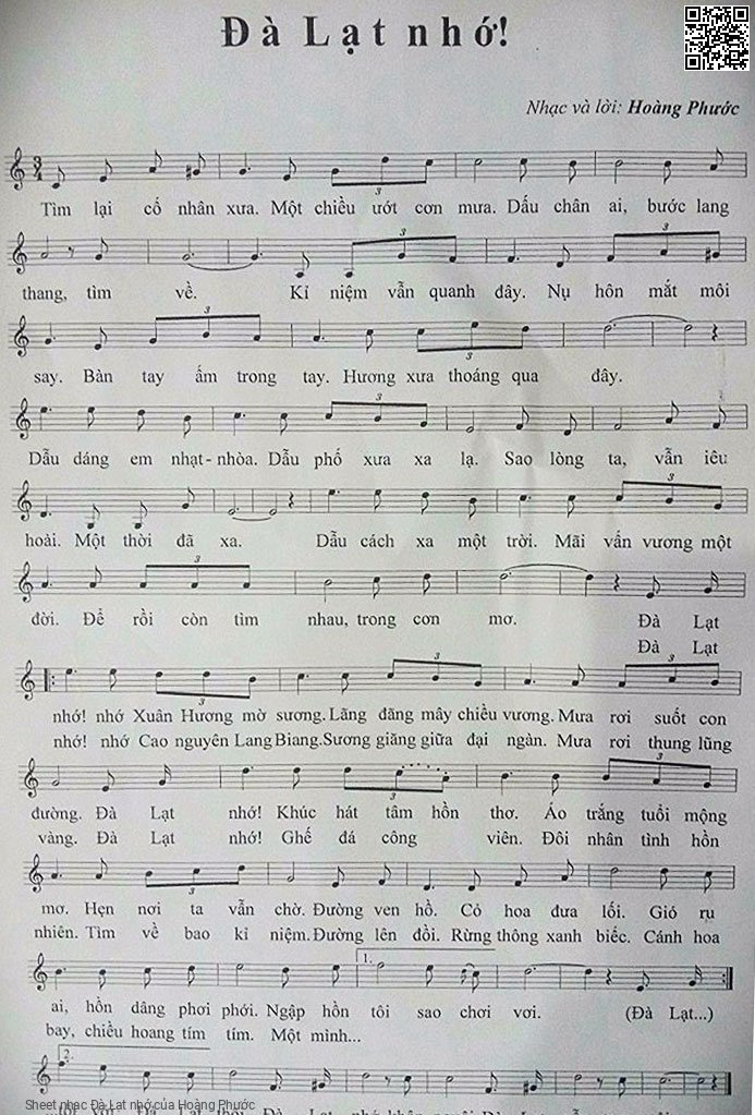 Trang 1 của Sheet nhạc PDF bài hát Đà Lạt nhớ - Hoàng Phước, Tìm lại cố nhân  xưa. Một chiều ướt cơn  mưa Dấu chân  ai bước lang  thang tìm  về