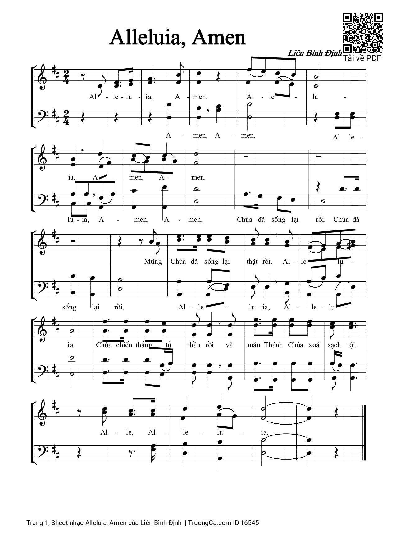 Sheet nhạc Alleluia, Amen - Liên Bình Định