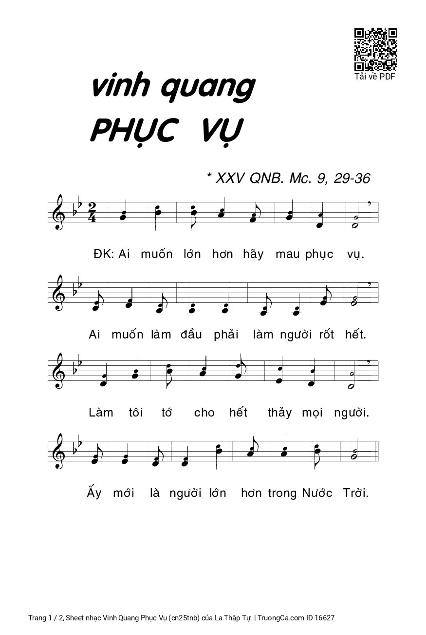 Trang 1 của Sheet nhạc PDF bài hát Vinh Quang Phục Vụ (cn25tnb) - La Thập Tự