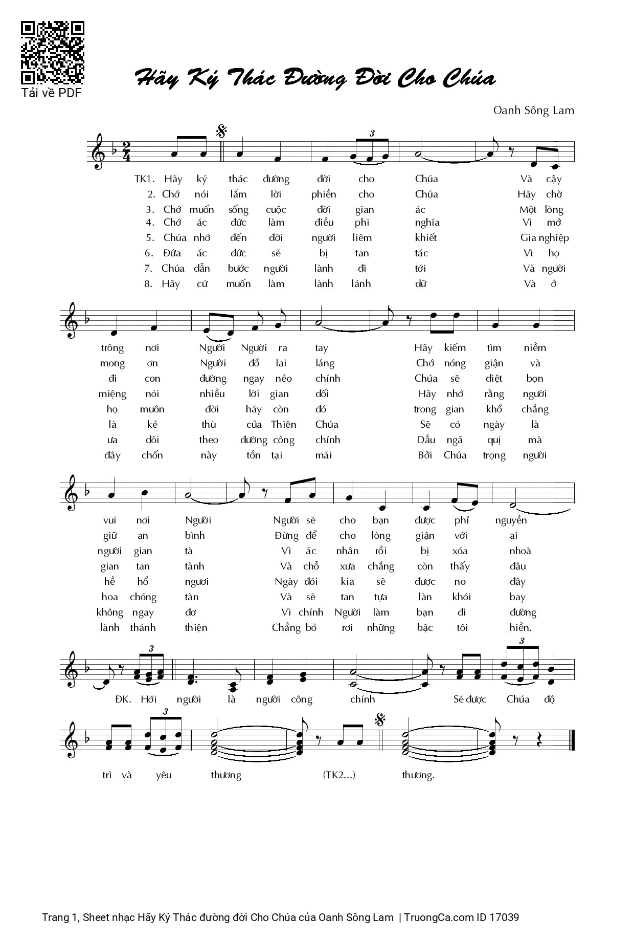 Trang 1 của Sheet nhạc PDF bài hát Hãy Ký Thác đường đời Cho Chúa - Oanh Sông Lam