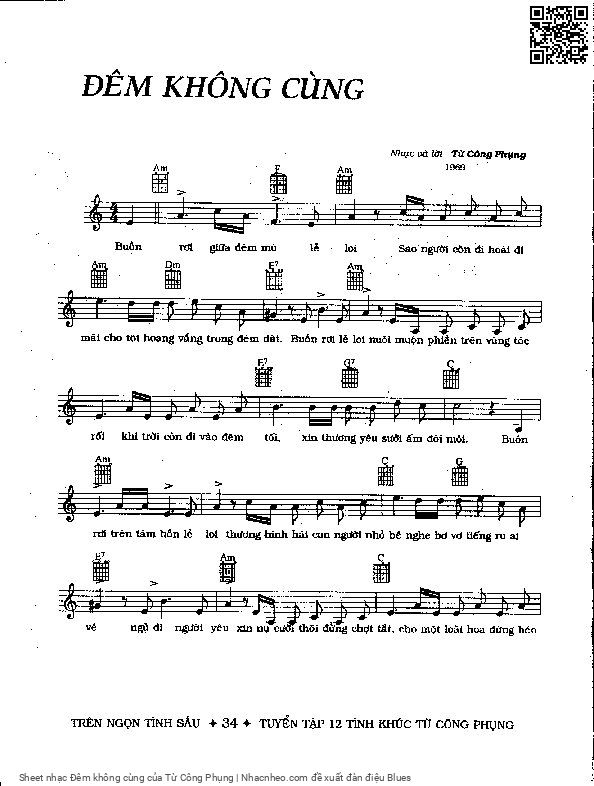 Trang 1 của Sheet nhạc PDF bài hát Đêm không cùng - Từ Công Phụng, Buồn  rơi giữa đêm  mù lẻ  loi. Sao người còn đi hoài đi mãi Cho tôi  hoang vắng trong đêm  dài
