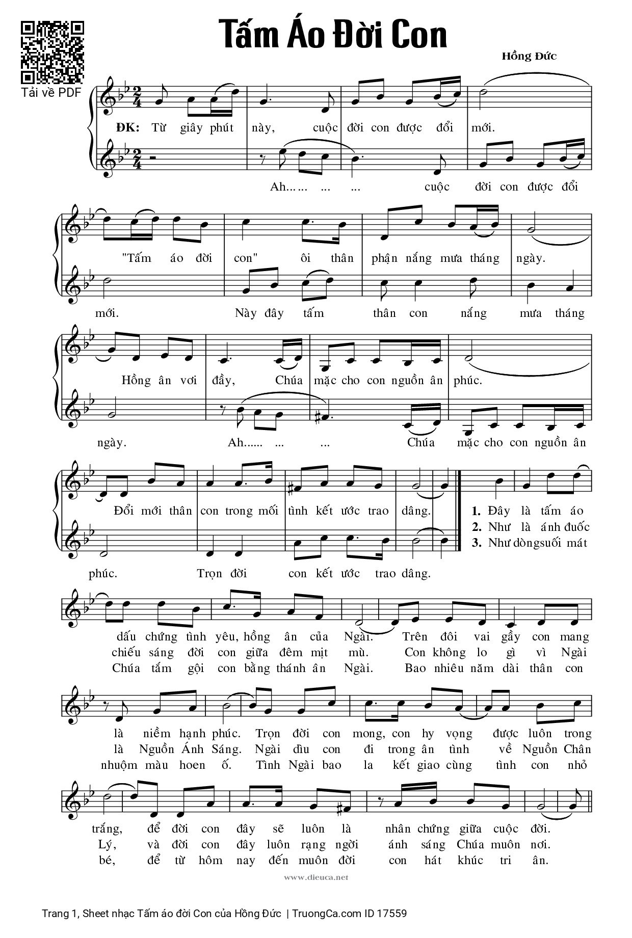 Trang 1 của Sheet nhạc PDF bài hát Tấm áo đời Con - Hồng Đức