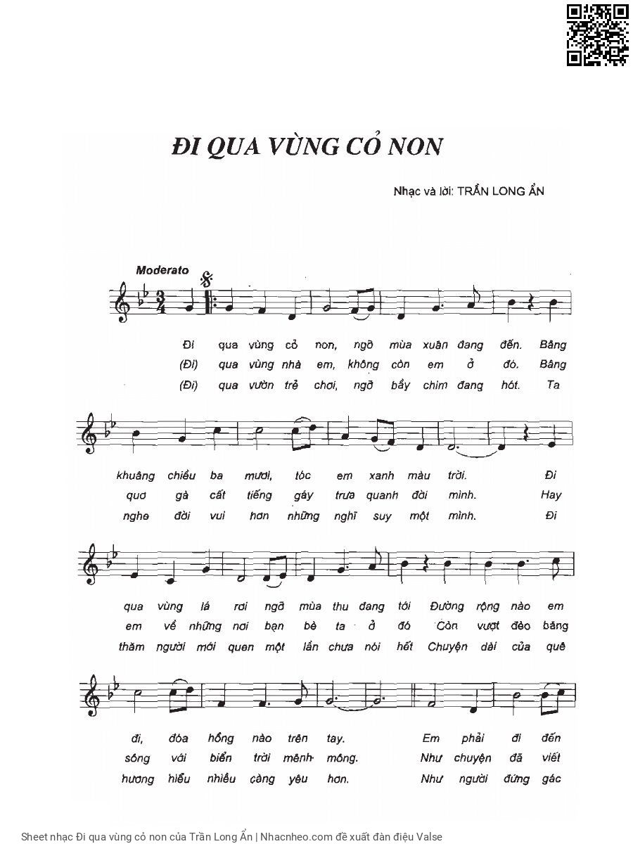 Trang 1 của Sheet nhạc PDF bài hát Đi qua vùng cỏ non - Trần Long Ẩn, 1. Đi qua vùng cỏ  non, ngỡ mùa xuân đang  đến